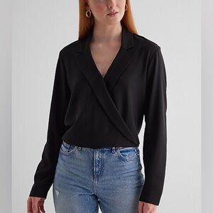 Express Blazer Style Black Wrap Front Collared Blouse